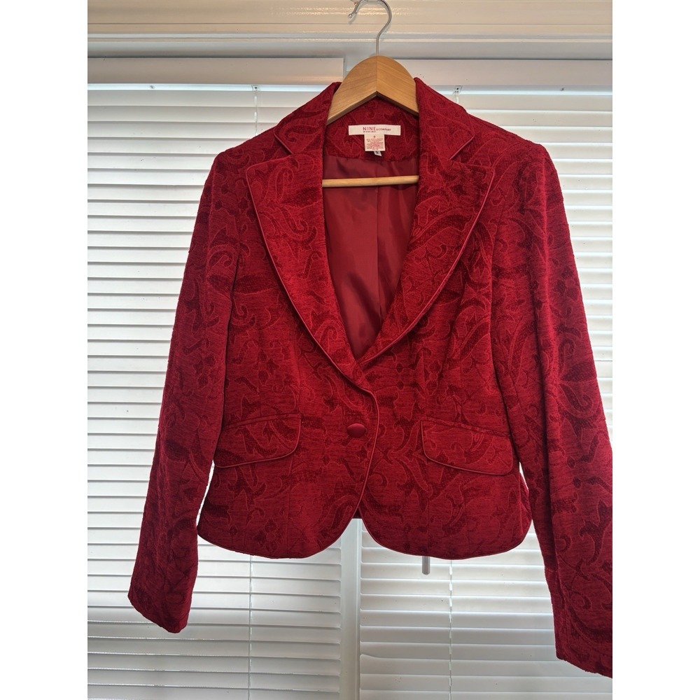 Nine West & Co Red Jacket Blazer Size 8 Jacquard Brocade Romantic Academia